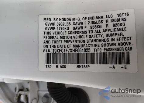 2017 Honda Civic Ex-L from USA, damaged, VIN 19XFC1F7XHE001025